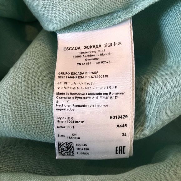 Escada Linen Aqua Pearl Accent Lightweight Tunic Top size 4 in Surf - Picture 10 of 16